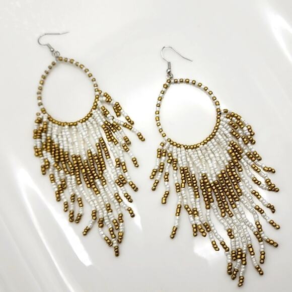 Boho Beaded Fringe Hoop Earrings - Picture 1 of 3